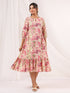 Janasya Women's Pink Pure Cotton Floral Printed A-line Dress