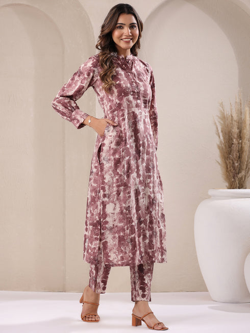 Mauve Pure Cotton Tie & Dye Straight Kurta Set