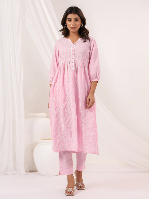Janasya Women's Pink Pure Cotton Embroidered A-line Kurta Pant Set