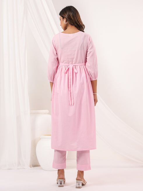 Janasya Women's Pink Pure Cotton Embroidered A-line Kurta Pant Set