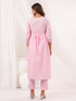 Janasya Women's Pink Pure Cotton Embroidered A-line Kurta Pant Set