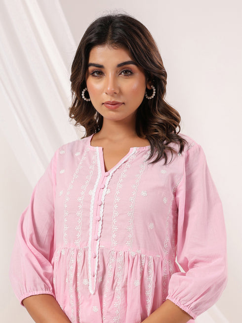 Janasya Women's Pink Pure Cotton Embroidered A-line Kurta Pant Set