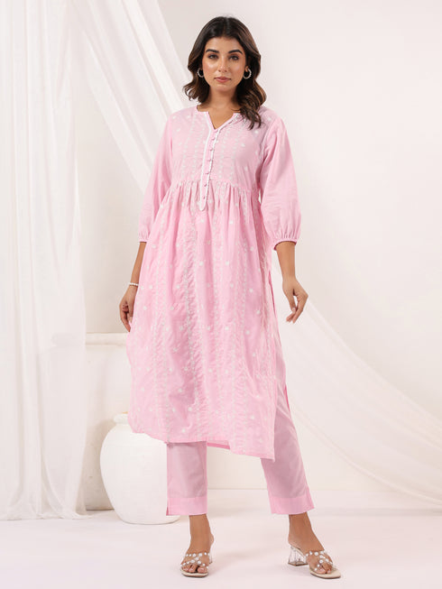 Janasya Women's Pink Pure Cotton Embroidered A-line Kurta Pant Set