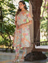 Cream Pure Cotton Floral Printed A-line Kurta Pant Set