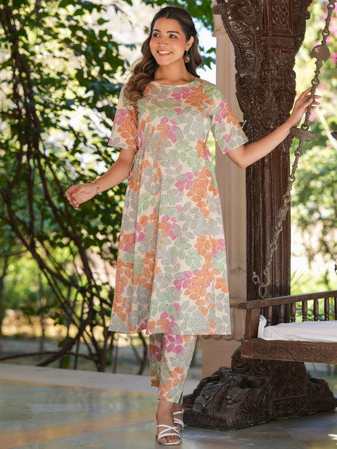 Cream Pure Cotton Floral Printed A-line Kurta Pant Set
