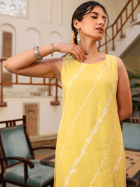 Yellow Pure Cotton Embroidered Straight Kurta Pant Set