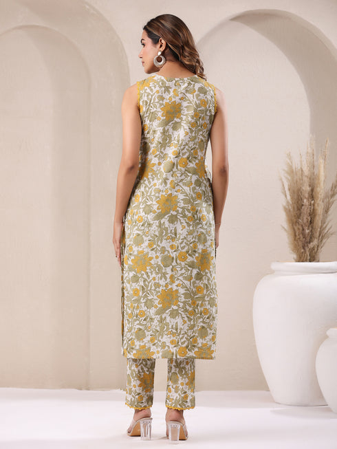 White Pure Cotton Floral Printed Straight Kurta Set