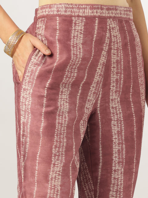 Mauve Silk Blend Tie & Dye Yoke Embroidered Straight Kurta Pant Set