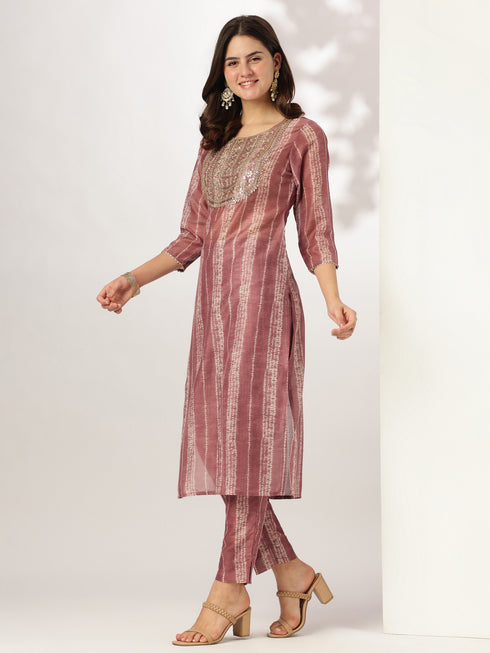 Mauve Silk Blend Tie & Dye Yoke Embroidered Straight Kurta Pant Set