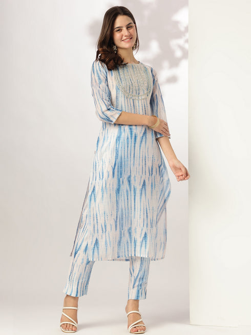 Blue Silk Blend Tie & Dye Yoke Embroidered Straight Kurta Pant Set