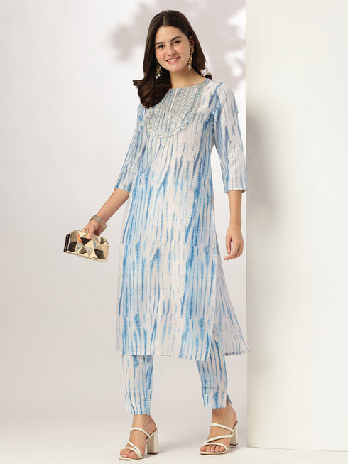 Blue Silk Blend Tie & Dye Yoke Embroidered Straight Kurta Pant Set