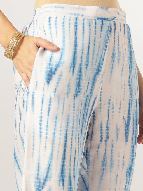 Blue Silk Blend Tie & Dye Yoke Embroidered Straight Kurta Pant Set