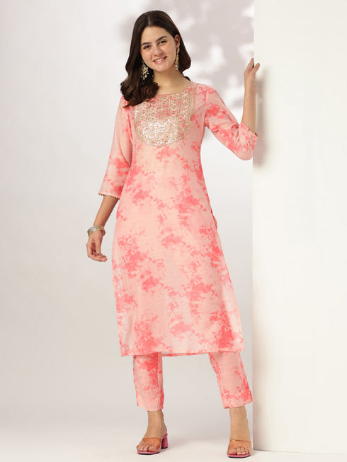 Peach Silk Blend Tie & Dye Yoke Embroidered Straight Kurta Pant Set
