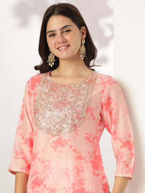 Peach Silk Blend Tie & Dye Yoke Embroidered Straight Kurta Pant Set