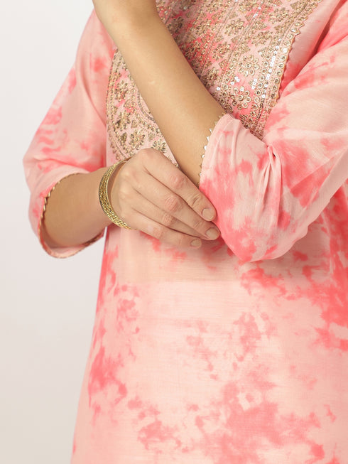 Peach Silk Blend Tie & Dye Yoke Embroidered Straight Kurta Pant Set