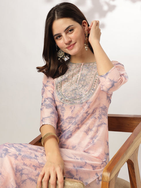 Peach Silk Blend Tie & Dye Yoke Embroidered Straight Kurta Pant Set