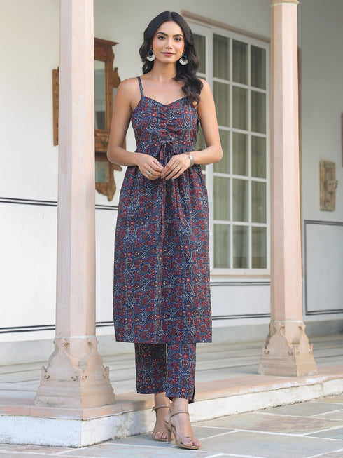Navy Blue Pure Cotton Ethnic Motifs Printed A-line Kurta Pant Set