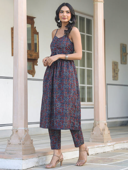 Navy Blue Pure Cotton Ethnic Motifs Printed A-line Kurta Pant Set