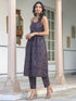 Navy Blue Pure Cotton Ethnic Motifs Printed A-line Kurta Pant Set