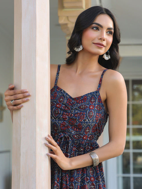 Navy Blue Pure Cotton Ethnic Motifs Printed A-line Kurta Pant Set