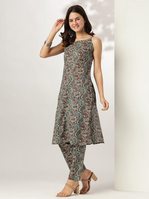 Multicolour Pure Cotton Ethnic Motifs Printed Straight Kurta Pant Set