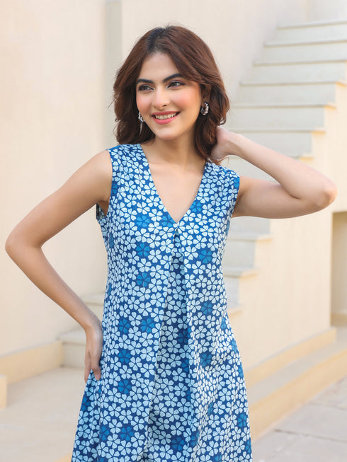 Indigo Pure Cotton Floral Printed A-line Kurta Set