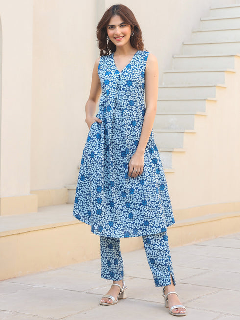Indigo Pure Cotton Floral Printed A-line Kurta Set