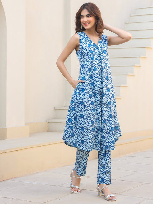 Indigo Pure Cotton Floral Printed A-line Kurta Set