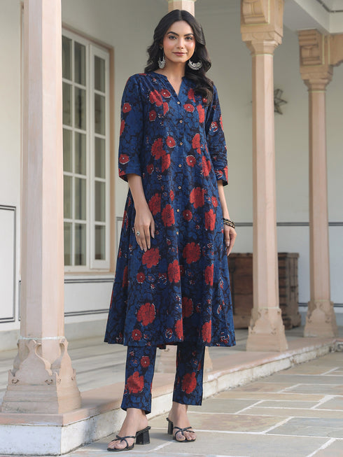 Navy Blue Pure Cotton Floral Printed A-line Kurta Pant Set