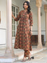 Brown Pure Cotton Ethnic Motifs Printed A-line Kurta Pant Set