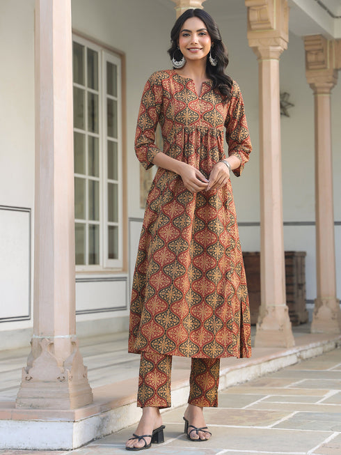 Brown Pure Cotton Ethnic Motifs Printed A-line Kurta Pant Set