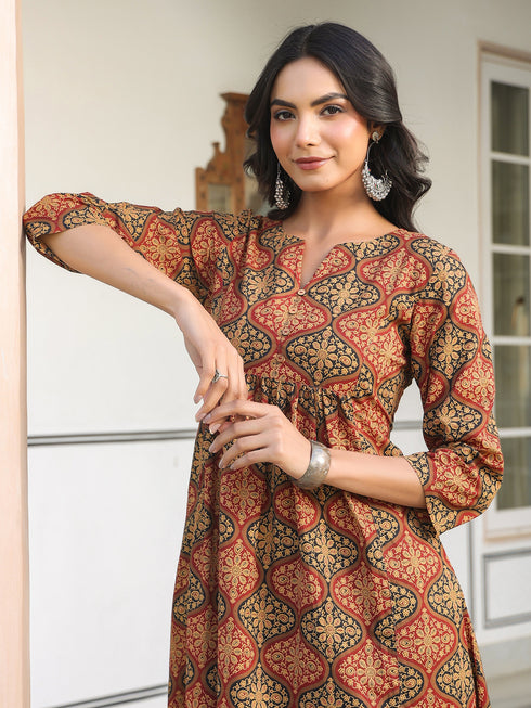Brown Pure Cotton Ethnic Motifs Printed A-line Kurta Pant Set