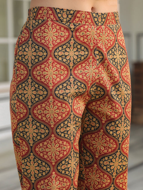 Brown Pure Cotton Ethnic Motifs Printed A-line Kurta Pant Set