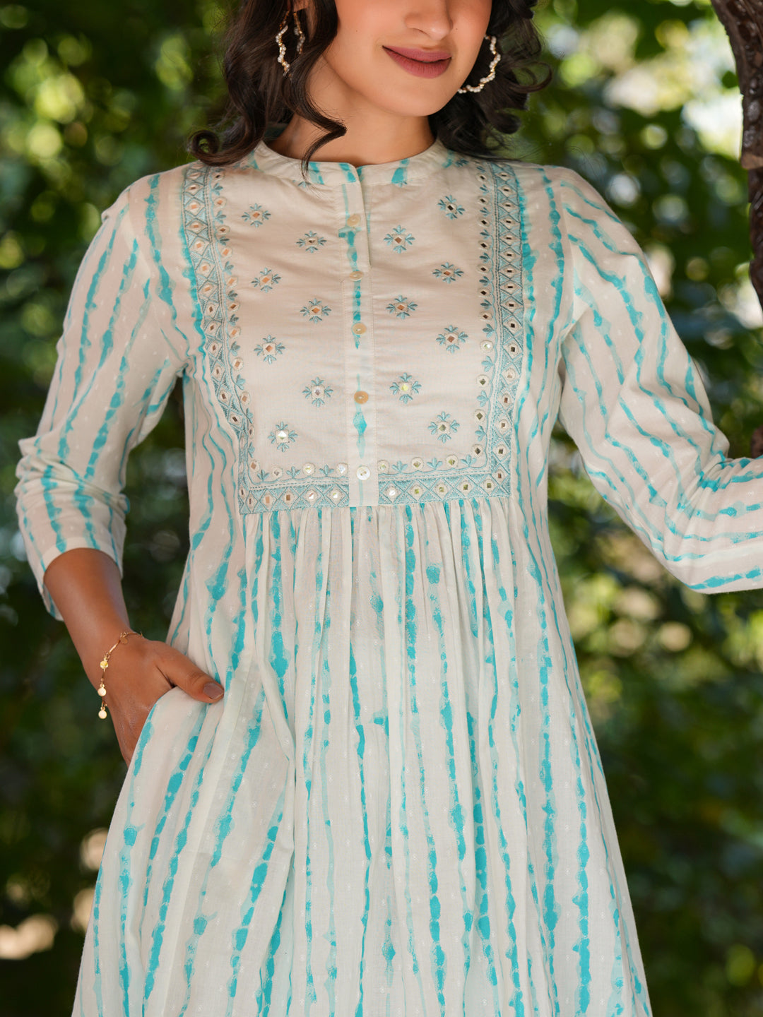 White Pure Cotton Tie & Dye Mirror Work A-line Kurta Pant Set