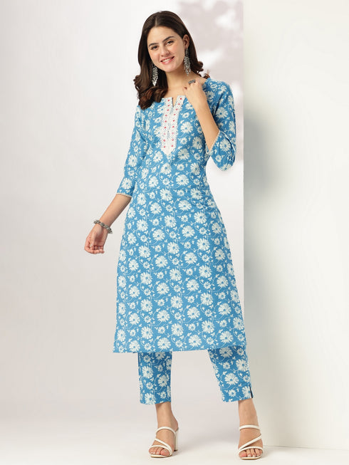 Blue Pure Cotton Floral Printed Straight Kurta Pant Set