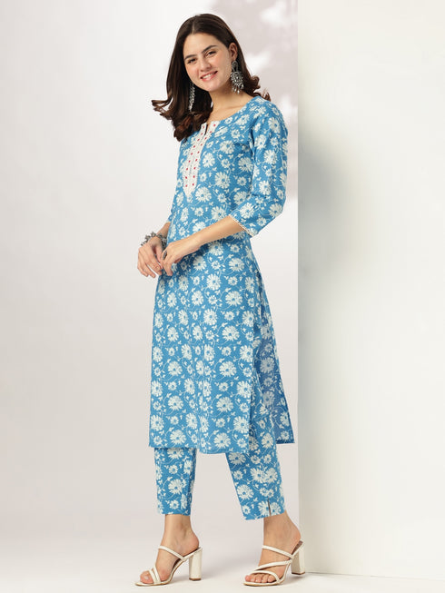 Blue Pure Cotton Floral Printed Straight Kurta Pant Set