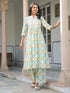 White Pure Cotton Yoke Embroidered Abstract Printed A-line Kurta Pant Set