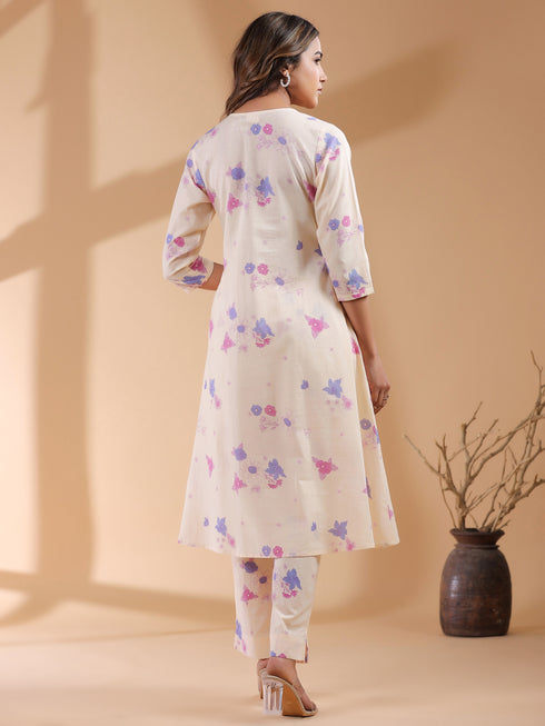Cream Pure Cotton Floral Printed A-line Kurta Set