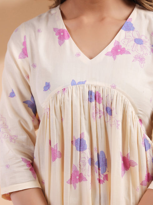 Cream Pure Cotton Floral Printed A-line Kurta Set
