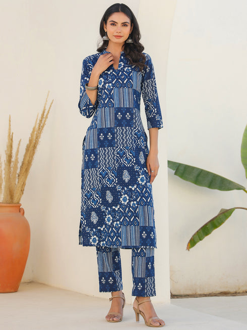 Indigo Pure Cotton Ethnic Motifs Printed Straight Kurta Pant Set