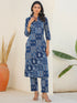 Indigo Pure Cotton Ethnic Motifs Printed Straight Kurta Pant Set