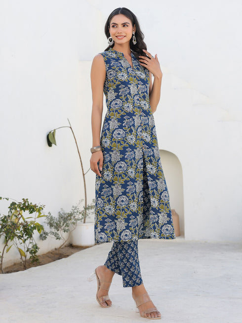 Dark Blue Pure Cotton Floral Printed A-line Kurta Pant Set
