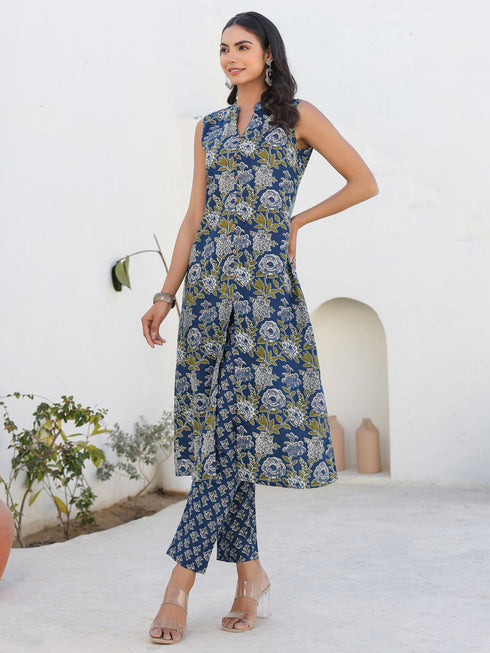 Dark Blue Pure Cotton Floral Printed A-line Kurta Pant Set