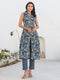 Dark Blue Pure Cotton Floral Printed A-line Kurta Pant Set
