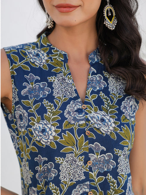 Dark Blue Pure Cotton Floral Printed A-line Kurta Pant Set
