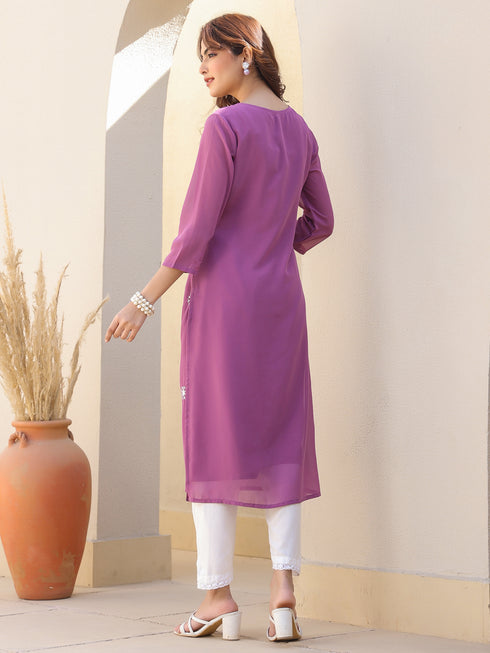 Lavender Georgette Embroidered Straight Kurta