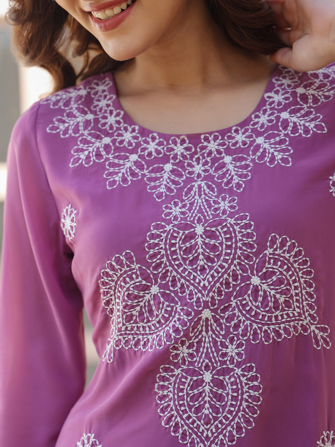Lavender Georgette Embroidered Straight Kurta
