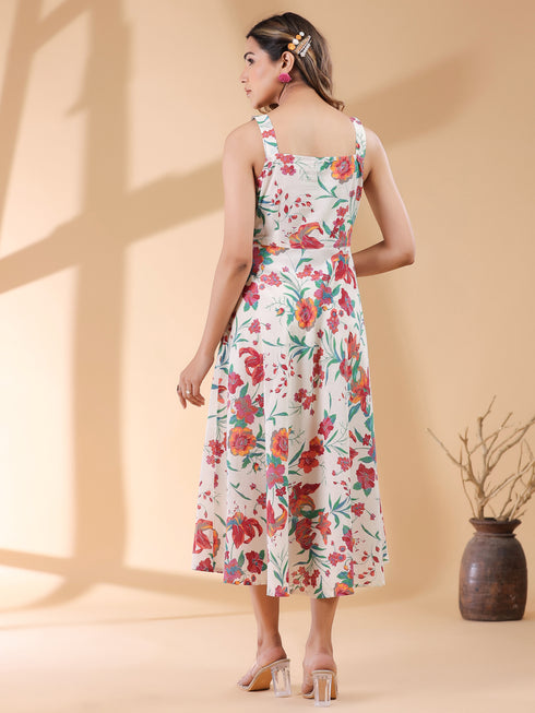 Off White Pure Cotton Floral Printed A-line Dress