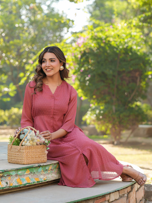 Mauve Dobby Chiffon Self Design A-Line Dress