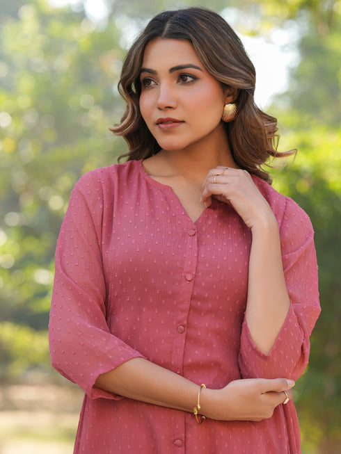 Mauve Dobby Chiffon Self Design A-Line Dress